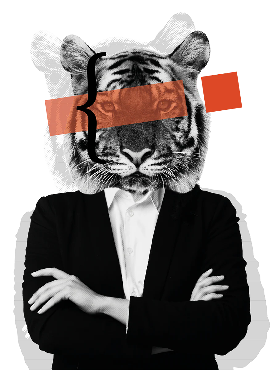 Collage MIAO graphics con figura umana e testa di tigre